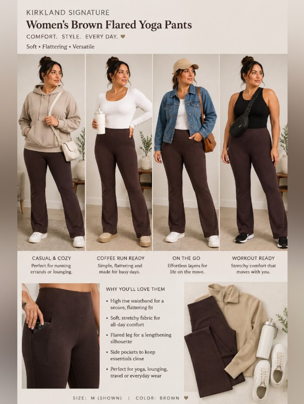 Kirkland Signature Women's Brown Stretch Yoga Pants